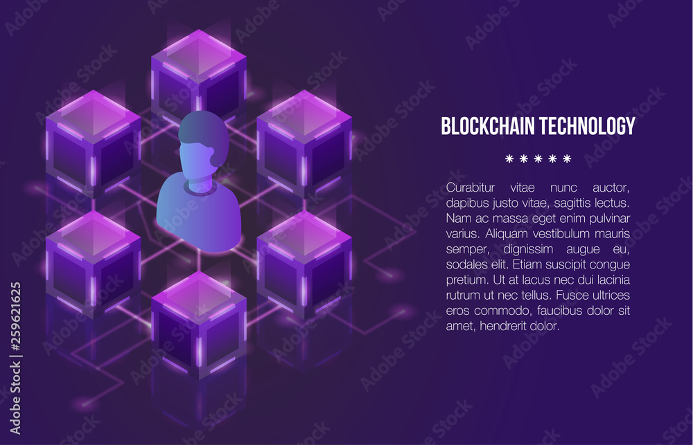 Poster blockchain technology concept banner. isometric illustration of blockchain technology vector concept