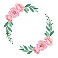 Watercolor wreath with green leawes and flowers, isolated on white background