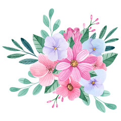 Watercolor bouquet with cute flowers and leaves