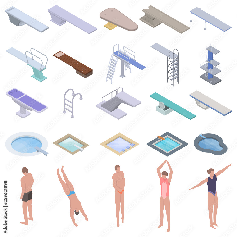 Poster diving board icons set. isometric set of diving board vector icons for web design isolated on white 