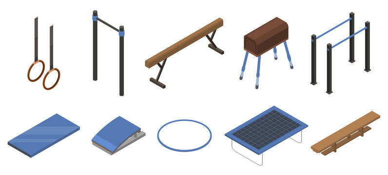Gymnastics equipment icons set. Isometric set of gymnastics equipment vector icons for web design isolated on white background