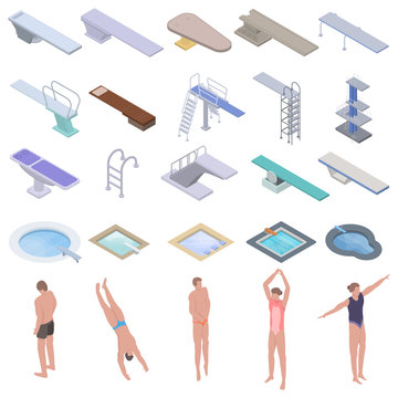 Diving board icons set. Isometric set of diving board vector icons for web design isolated on white background