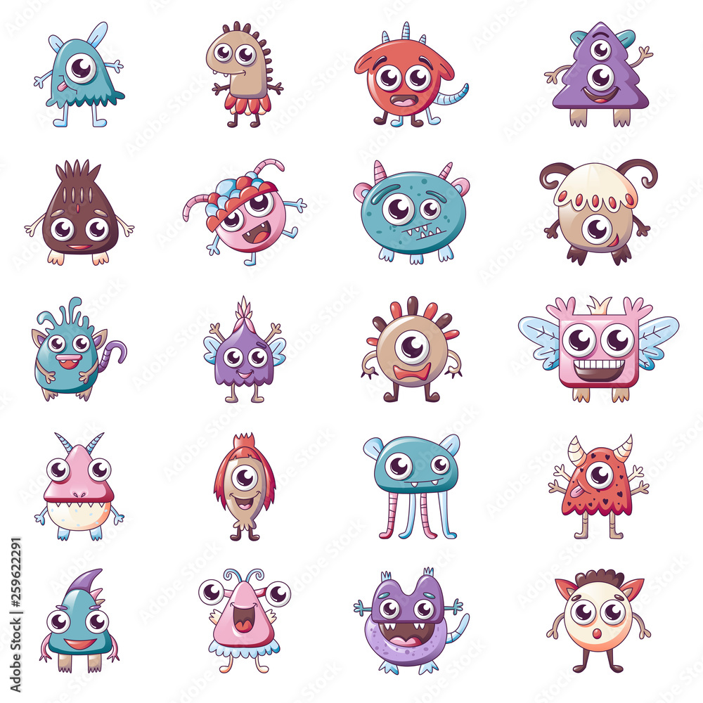 Poster monsters icons set. cartoon set of monsters vector icons for web design