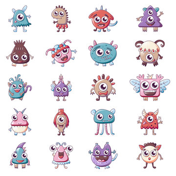 Monsters icons set. Cartoon set of monsters vector icons for web design