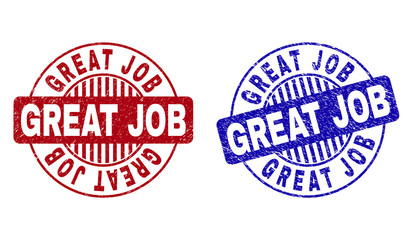 Grunge GREAT JOB round stamp seals isolated on a white background. Round seals with grunge texture in red and blue colors. Vector rubber imprint of GREAT JOB tag inside circle form with stripes.