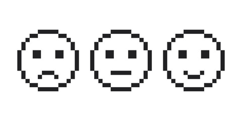 Feedback emoticon, Pixel smile emoji face icon.  Pixel Emotion  smile, Feedback emoticon- face set. Smiley, emoji face smile, pixel style.
