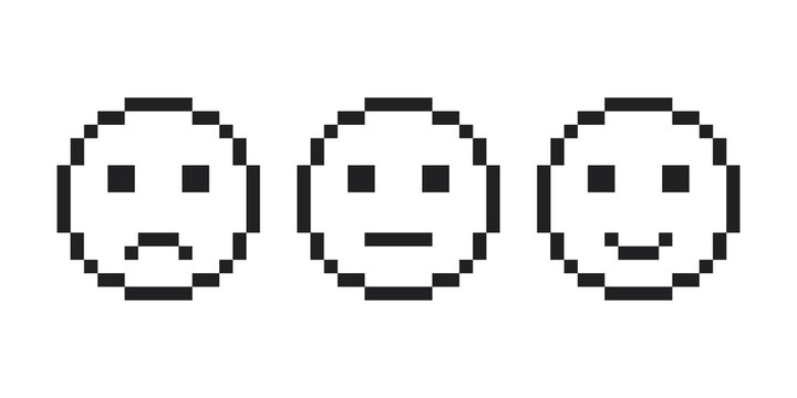 Feedback emoticon, Pixel smile emoji face icon.  Pixel Emotion  smile, Feedback emoticon- face set. Smiley, emoji face smile, pixel style.