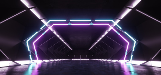 Virtual Reality Neon Glowing Purple Blue Sci Fi Futuristic Modern Retro Alien Spaceship Corridor Tunnel Fluorescent Lasers Led Lights On Concrete Floor Reflections Underground 3D Rendering