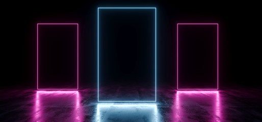 Dark Empty Black Rectangle Frame Neon Glowing Laser Fluorescent Virtual Reality Blue Purple Vibrant Lights On Grunge Concrete Reflective Floor Empty Hall Room Tunnel 3D Rendering