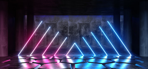 Empty Hexagon Tiled Sci Fi Futuristic Concrete Hall Garage Underground Room Neon Glowing Laser Vibrant Purple Blue Line Construction Fluorescent Lights Virtual Stage Dance Reflections 3D Rendering