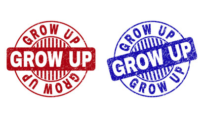 Grunge GROW UP round stamp seals isolated on a white background. Round seals with distress texture in red and blue colors. Vector rubber imitation of GROW UP title inside circle form with stripes.