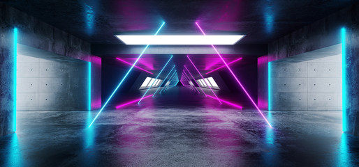 Empty Sci Fi Futuristic Concrete Hall Garage Underground Room Neon Glowing Laser Vibrant Purple Blue Triangle Construction Fluorescent Lights Virtual Stage Dance Reflections 3D Rendering