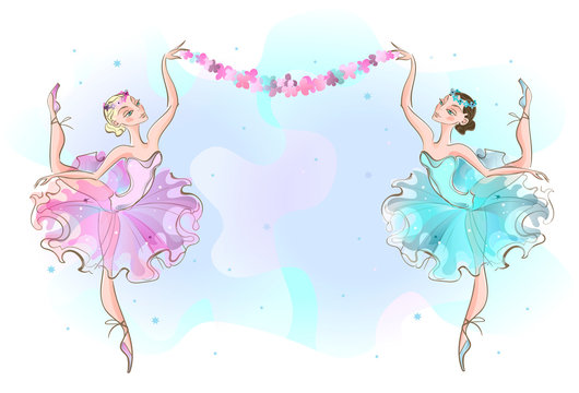 Frame postcard with two ballerinas dancers. Vector
