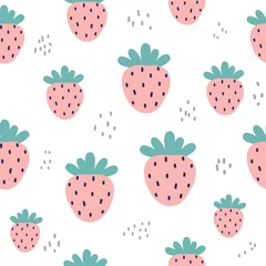 Gordijnen Strawberry seamless pattern. Summer kids print. Vector hand drawn illustration. © bilaaa