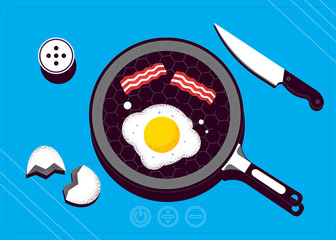 Breakfast top view. Frying pan with egg and bacon on a cooking stove. Vector illustration
