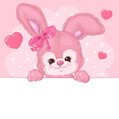 Cute bunny on a pink background with hearts with a banner. Children's character.