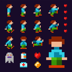 Pixel video game hero, all movement phases. 8 bit arcade vintage game hero. Moving retro video game pixel personage.