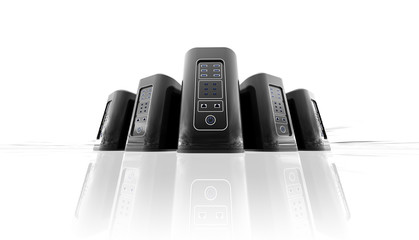 Row of network servers, illustration of data center, or super computer isolated on white background with reflections. 3D illustration/ 3D rendering