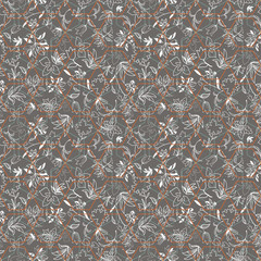 Floral seamless pattern with orchids, irises, plants and leaves.