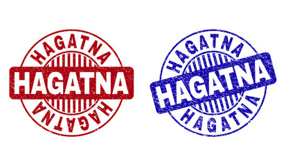 Grunge HAGATNA round stamp seals isolated on a white background. Round seals with grunge texture in red and blue colors. Vector rubber watermark of HAGATNA label inside circle form with stripes.