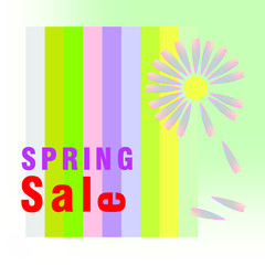 Spring sale. Discount concept. Flat colored stripes background. Daisy and falling leafs. Bold written text