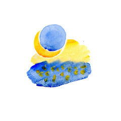Colorful blue and yellow watercolor textures on white paper background. Hand painted abstract Illustration.