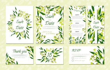 Eucalyptus Design. Wedding Invitation, Menu, Rsvp, Thank You Label. Save the Date Card Templates Set with Greenery, Decorative Floral and Herbs Element. Vintage Botanical Illustration with Eucalyptus.