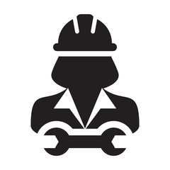 Contractor icon vector male worker person profile avatar with hardhat helmet and wrench or spanner tool in glyph pictogram illustration