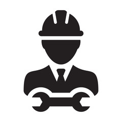 Operator worker icon vector male Construction service person profile avatar with hardhat helmet and wrench or spanner tool in glyph pictogram illustration