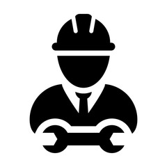 Builder icon vector male construction worker person profile avatar with hardhat helmet and wrench or spanner tool in glyph pictogram illustration