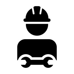 Worker icon vector male construction service person profile avatar with hardhat helmet and wrench or spanner tool in glyph pictogram illustration