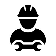 Builder icon vector male construction worker person profile avatar with hardhat helmet and wrench or spanner tool in glyph pictogram illustration