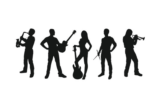 Silhouettes of musicians stock vector set. Saxophone, guitar, bass, drums, trumpet player. Isolated shadows for music poster, flyers and online concert promo