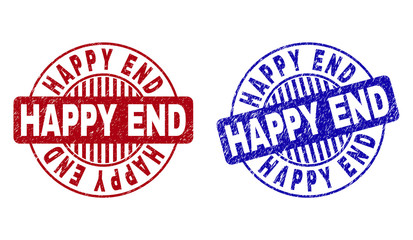 Grunge HAPPY END round stamp seals isolated on a white background. Round seals with grunge texture in red and blue colors. Vector rubber watermark of HAPPY END tag inside circle form with stripes.