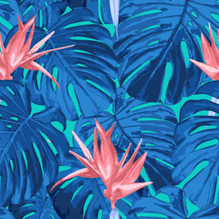 Tropical floral seamless pattern. Summer rainforest jungle nature. Fantasy color