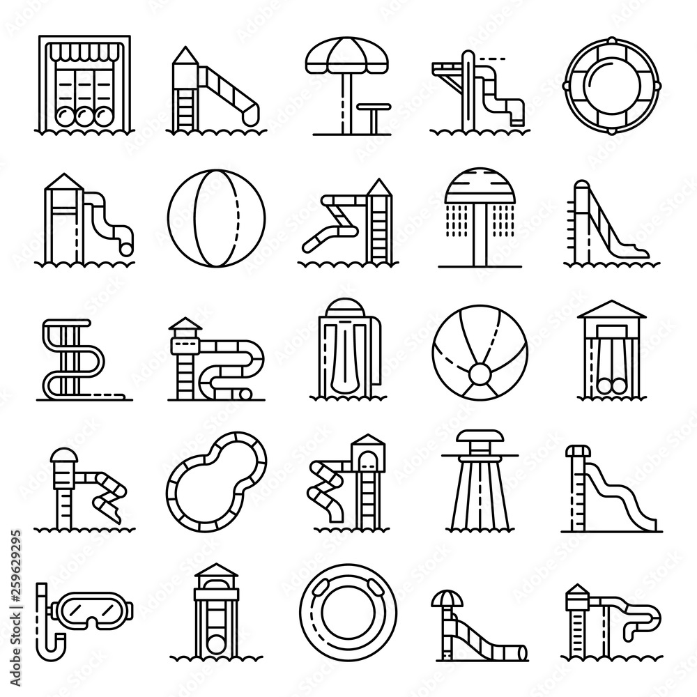 Poster aquapark icons set. outline set of aquapark vector icons for web design isolated on white background