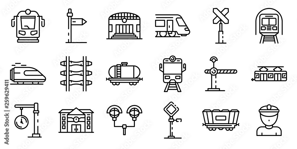 Poster railway station icons set. outline set of railway station vector icons for web design isolated on wh