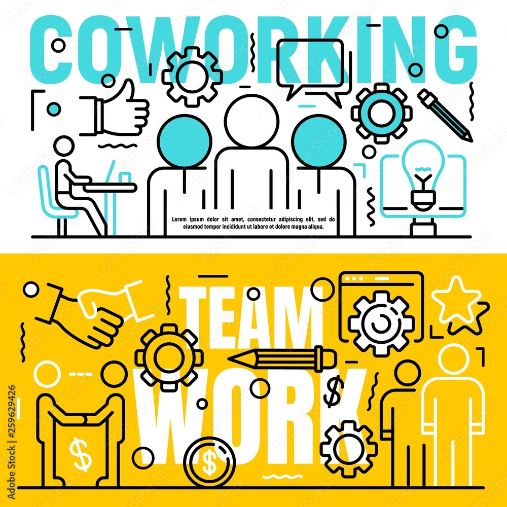 Poster coworking banner set. outline set of coworking vector banner for web design
