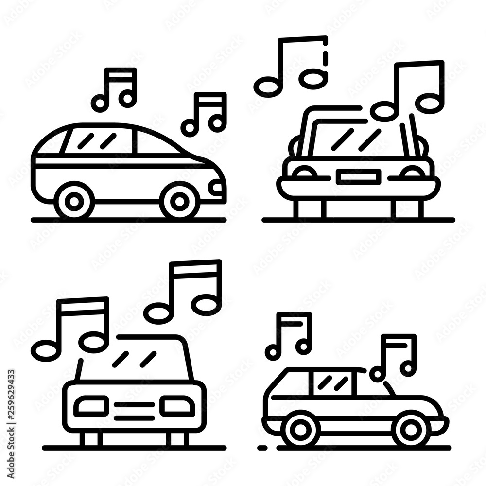 Poster car audio icons set. outline set of car audio vector icons for web design isolated on white backgrou