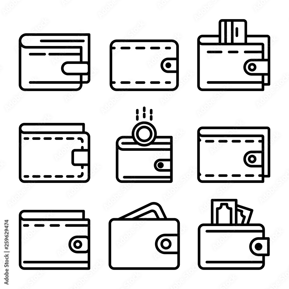 Poster wallet icons set. outline set of wallet vector icons for web design isolated on white background