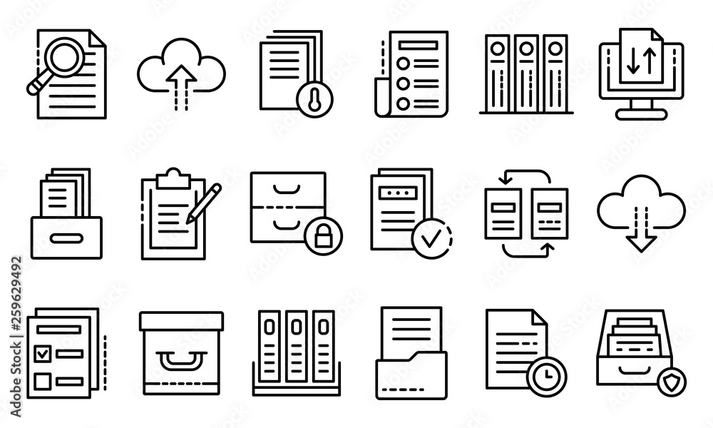 Poster archive icons set. outline set of archive vector icons for web design isolated on white background