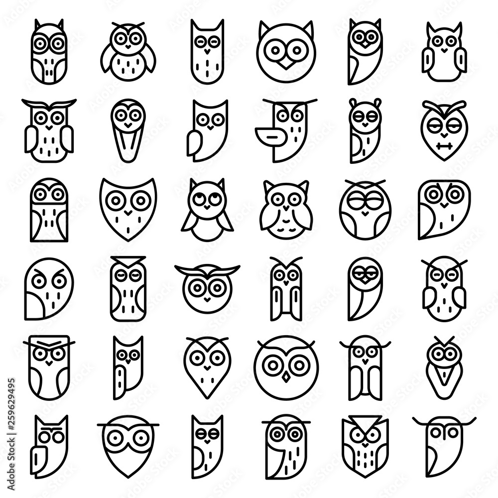 Poster owl icons set. outline set of owl vector icons for web design isolated on white background
