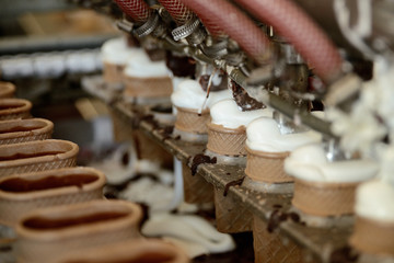 The conveyor automatic lines for the production of ice cream. Production of ice-cream at milk factory