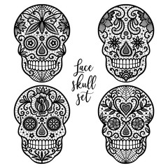 Black lace sugar skull set on white background. 