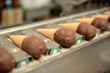 The conveyor automatic lines for the production of ice cream. Production of ice-cream at milk factory