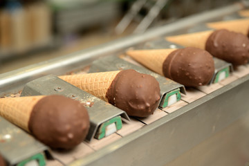 The conveyor automatic lines for the production of ice cream. Production of ice-cream at milk...