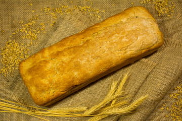 fresh bread, wheat ears and grains