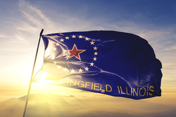 Springfield city capital of Illinois flag waving on the top sunrise mist fog - obrazy, fototapety, plakaty