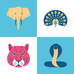 India sacred animals icons set in flat style