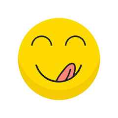 Yummy icon. Hungry smiling face with mouth and tongue emoji. Delicious, healthy funny lunch tasty mood smile avatar happy yellow character cute vector isolated cartoon symbol